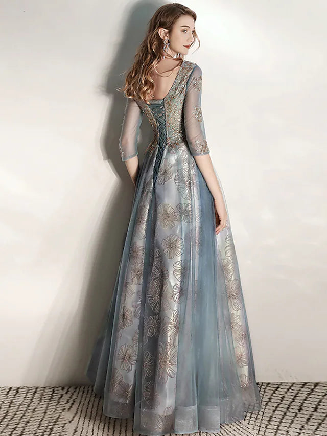 Wholesa A-Line Prom Dresses Elegant Dress Engagement Floor Length Half Sleeve V Neck Tulle with Pleats Pattern / Print Appliques