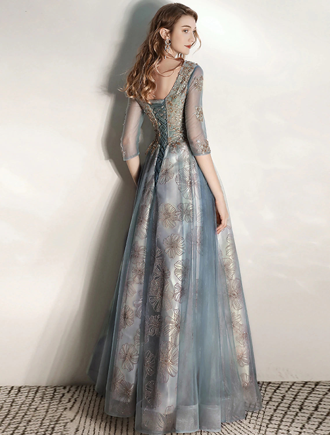 Wholesa A-Line Prom Dresses Floral Dress Engagement Prom Floor Length Half Sleeve V Neck Tulle with Pleats Pattern / Print Appliques