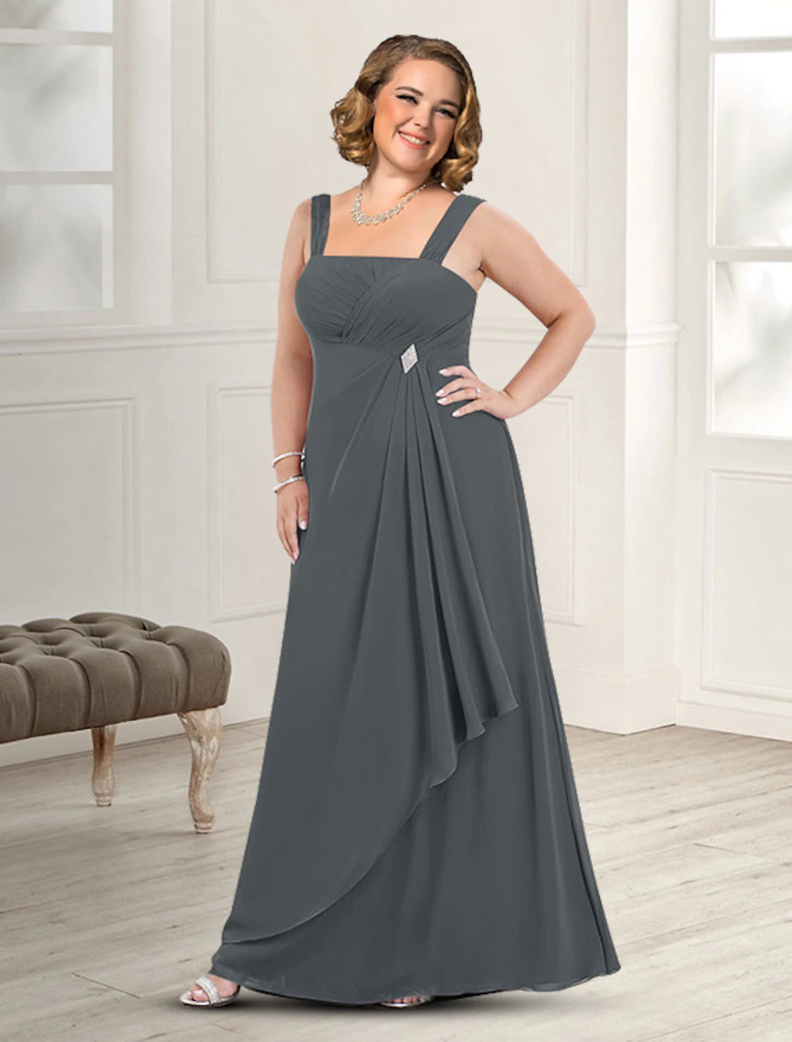 wholesale   Two Piece A-Line Mother of the Bride Dress Fall Wedding Guest Dresses Plus Size Elegant Square Neck Floor Length Chiffon Sleeveless Jacket Dresses with Pleats