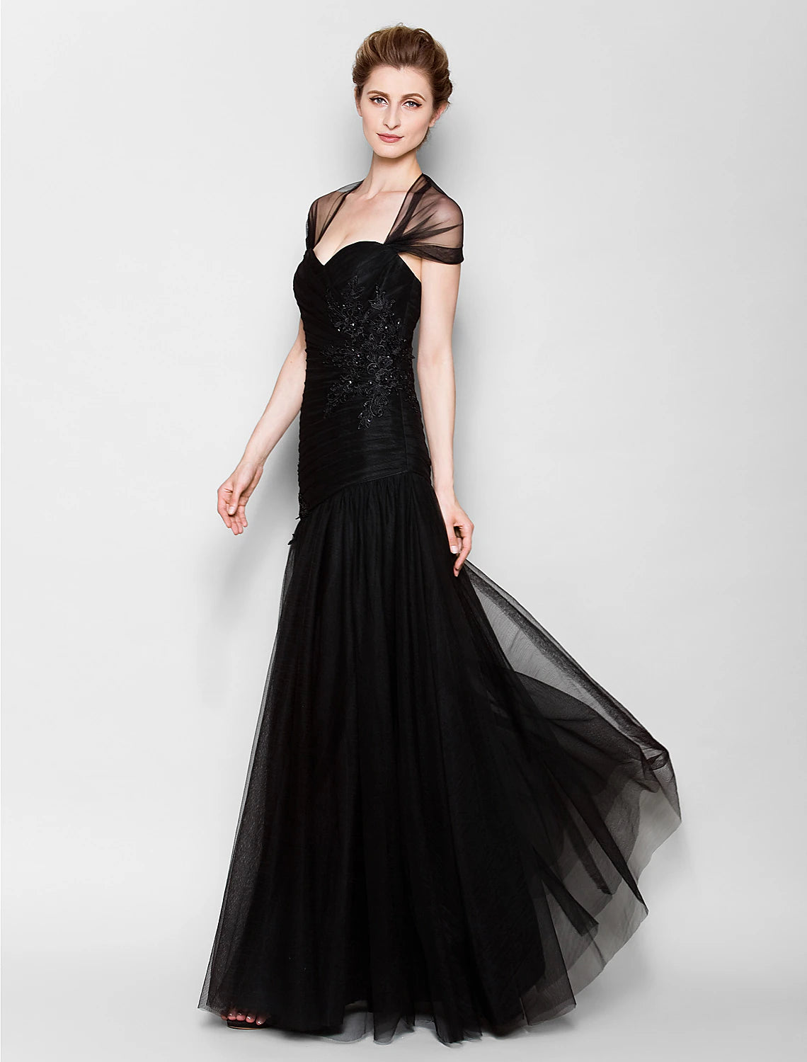 wholesale  Fit & Flare Mother of the Bride Dress Queen Anne Floor Length Tulle Short Sleeve No with Criss Cross Appliques