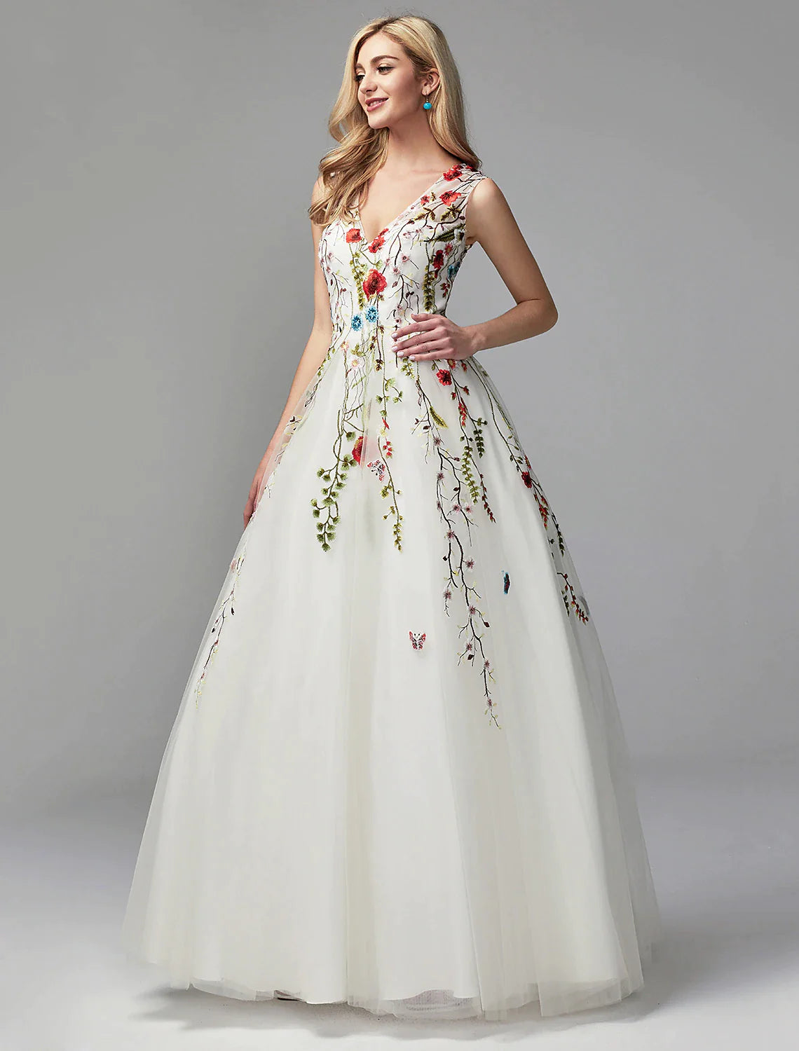 Wholesa A-Line Special Occasion Dresses Floral Dress Valentine's Day Wedding Guest Floor Length Sleeveless V Neck Lace with Embroidery Appliques
