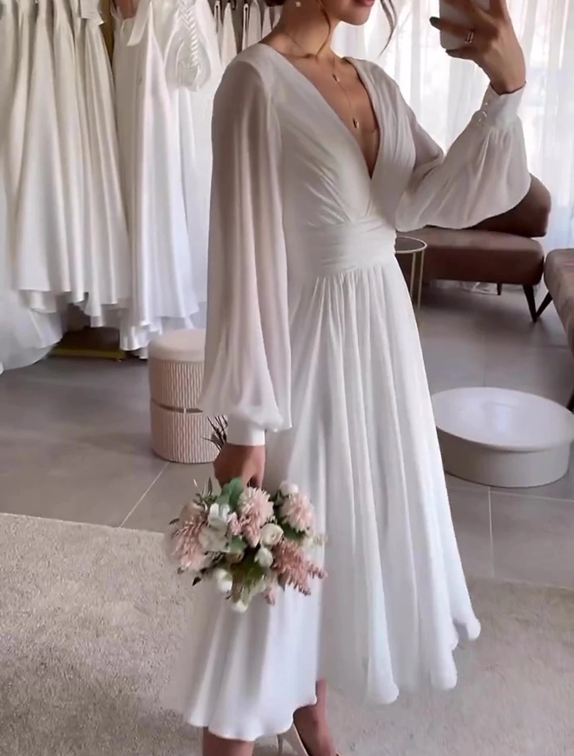 Wholesa  Little White Dresses Wedding Dresses A-Line V Neck Long Sleeve Tea Length Chiffon Bridal Gowns With Pleats Solid Color