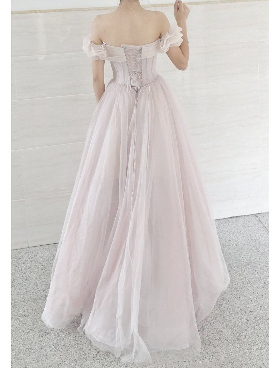 Wholesa A-Line Prom Dresses Empire Dress Prom Formal Evening Sweep / Brush Train Short Sleeve Sweetheart Tulle with Pleats Beading