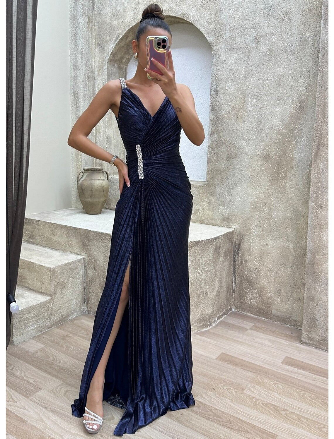 Wholesa  Mermaid / Trumpet Prom Dresses Sparkle Dress Formal Evening Party Sweep / Brush Train Sleeveless V Neck Spandex with Rhinestone Pleats Slit
