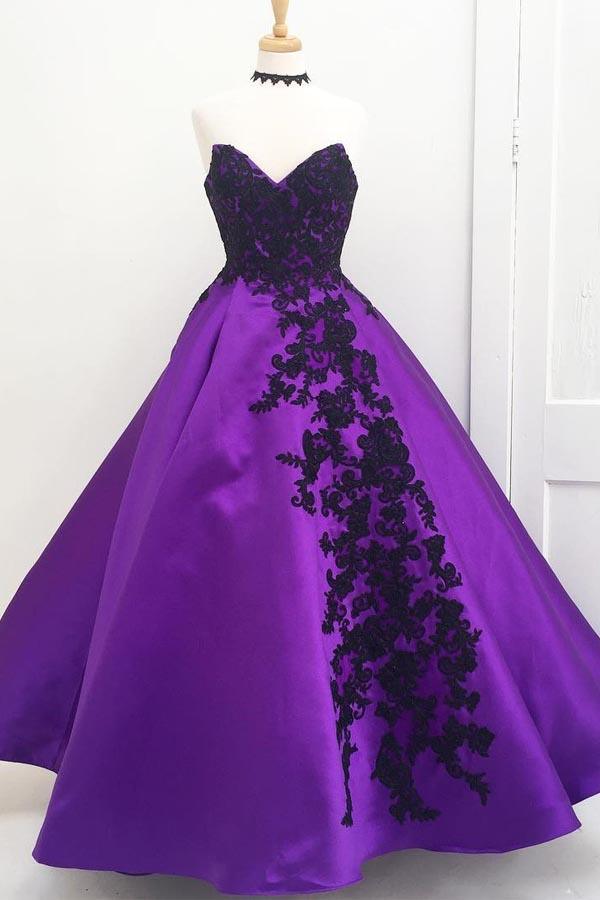 Wholesa Sweetheart Purple Ball Gown Long Prom Dress with Black Appliques