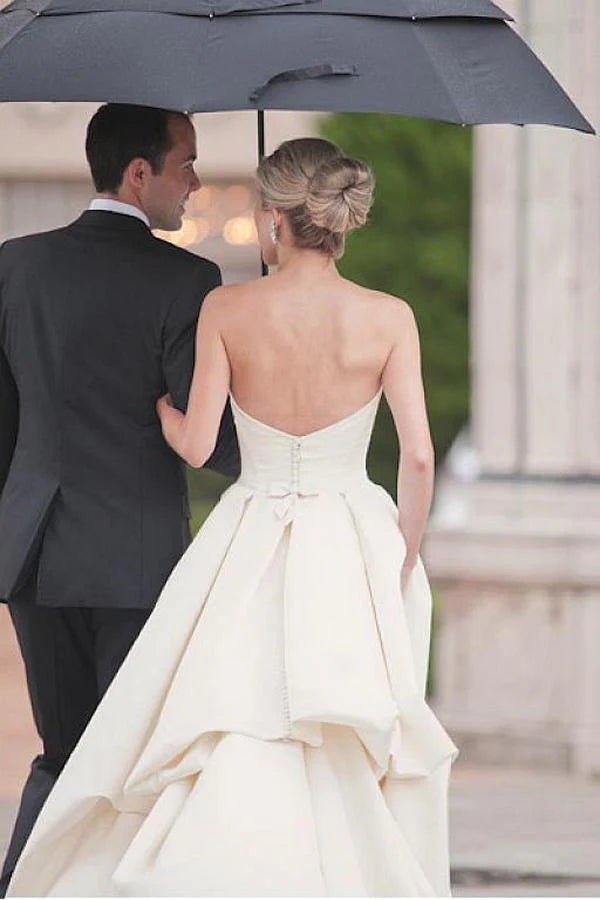 Wholesa A-line Sweetheart Court Train Ivory Satin Wedding Dress with Ruched