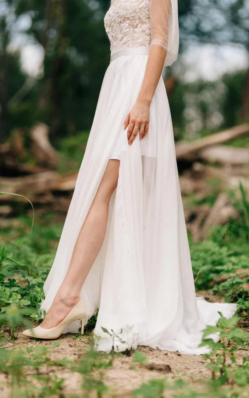 Wholesa A-line Sweetheart Long Sleeve Chiffon Tulle Lace Satin Wedding Dresses With Illusion