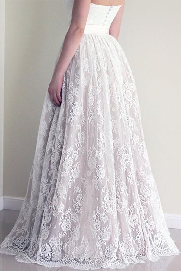 Wholesa A-line Sweetheart Sleeveless Long White Wedding Dress with Lace