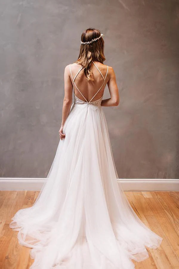 Wholesa A-line Sweetheart Straps White Chiffon Wedding Dress with Beading
