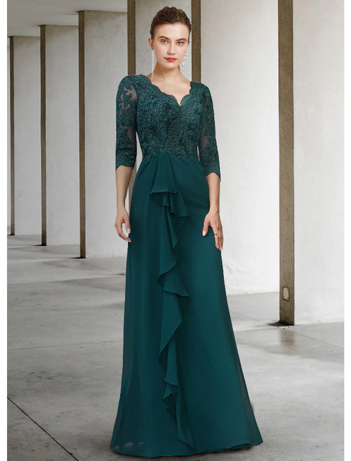 wholesale  A-Line Mother of the Bride Dress Elegant V Neck Floor Length Chiffon Lace Half Sleeve with Draping Appliques