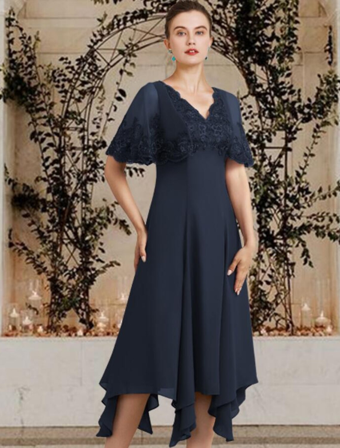 wholesale  A-Line Mother of the Bride Dress Plus Size Elegant High Low V Neck Asymmetrical Tea Length Chiffon Lace Sleeveless with Appliques