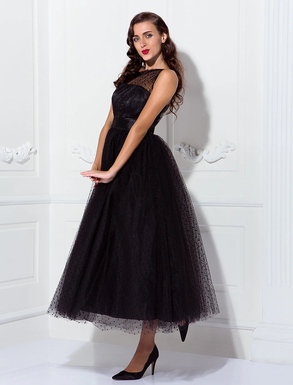 wholesale  A-Line Cocktail Black Dress Vintage Dress Halloween Ankle Length Sleeveless One Shoulder Wednesday Addams Family Tulle with Pleats Pattern / Print