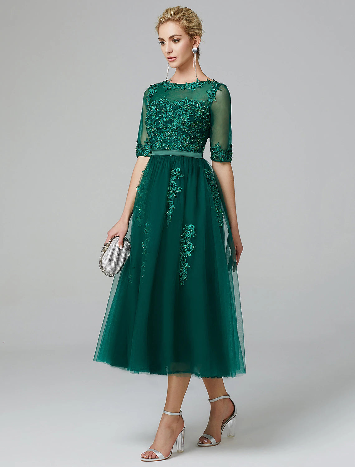 Wholesa  A-Line Cocktail Dress Christmas Red Green Dress Formal Evening Kentucky Derby Tea Length Sleeveless Illusion Neck Fall Wedding Guest Lace Over Tulle with Sequin Applique