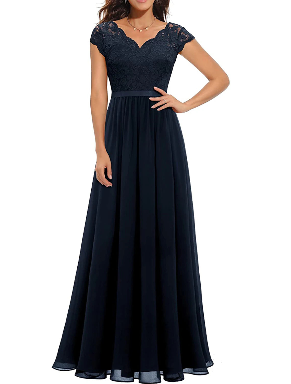 wholesale  A-Line Mother of the Bride Dress Elegant V Neck Floor Length Chiffon Lace Short Sleeve with Lace Pleats