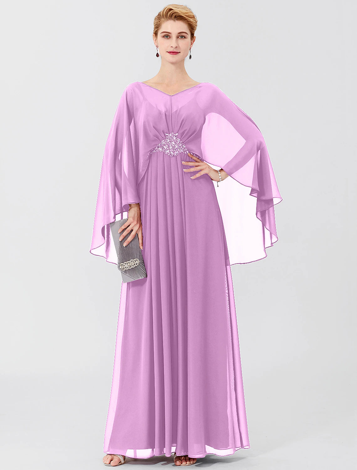 wholesale  Sheath / Column Mother of the Bride Dress Formal Classic & Timeless Elegant & Luxurious Elegant V Neck Floor Length Chiffon Long Sleeve with Pleats Beading