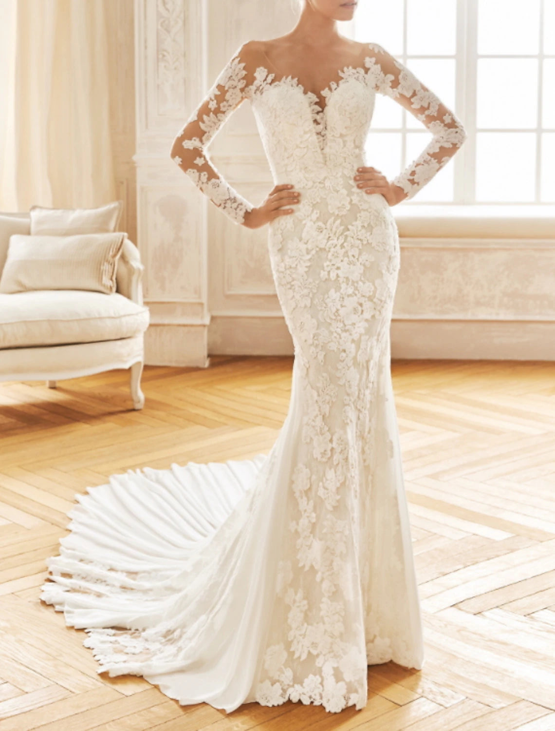 Wholesa Engagement Open Back Formal Wedding Dresses Mermaid / Trumpet Illusion Neck Long Sleeve Court Train Chiffon Bridal Gowns With Embroidery Appliques