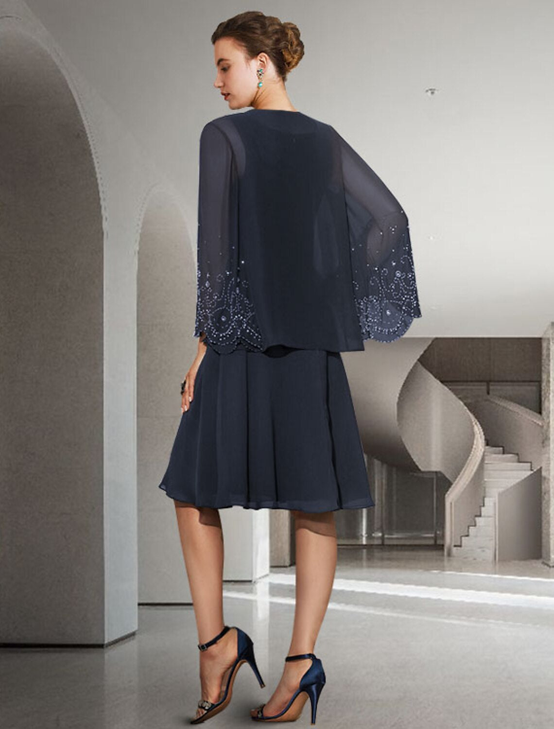 wholesale  Two Piece A-Line Mother of the Bride Dress Elegant Jewel Neck Knee Length Chiffon Sleeveless with Pleats Beading