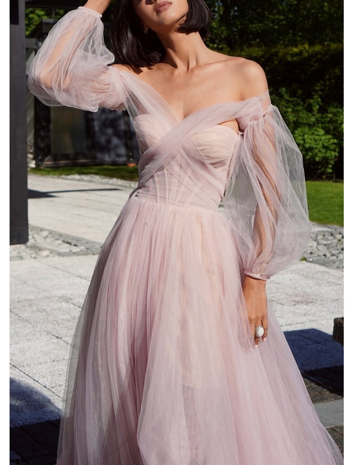 wholesale  A-Line Elegant Sexy Wedding Guest Prom Dress Off Shoulder Long Sleeve Floor Length Tulle with Bow(s) Pleats