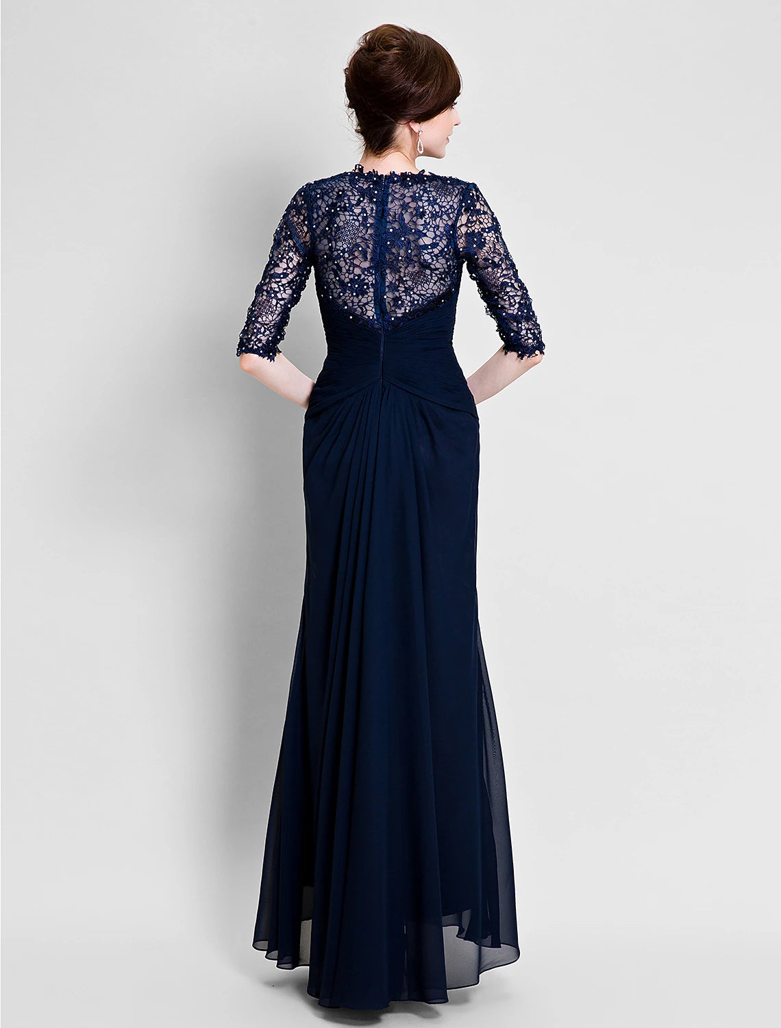 wholesale  A-Line Mother of the Bride Dress See Through V Neck Floor Length Chiffon Lace Half Sleeve No with Lace Beading