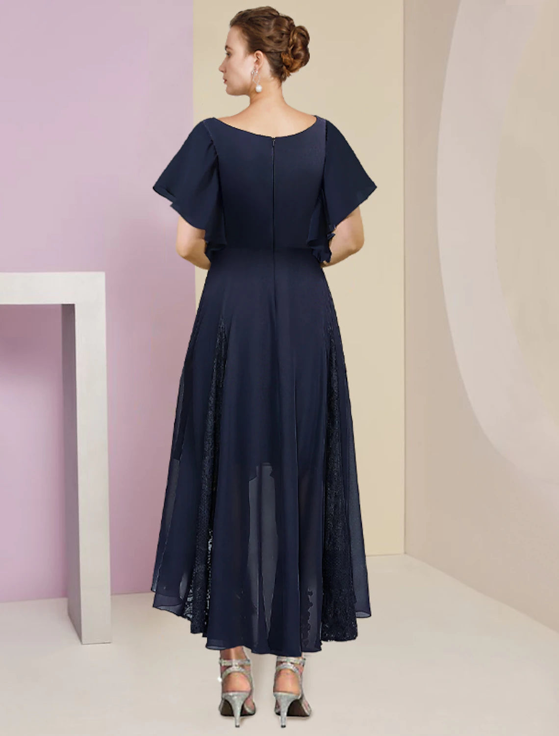 wholesale  A-Line Mother of the Bride Dress Formal Wedding Guest Elegant V Neck Ankle Length Chiffon Lace Short Sleeve with Pleats Crystal Brooch