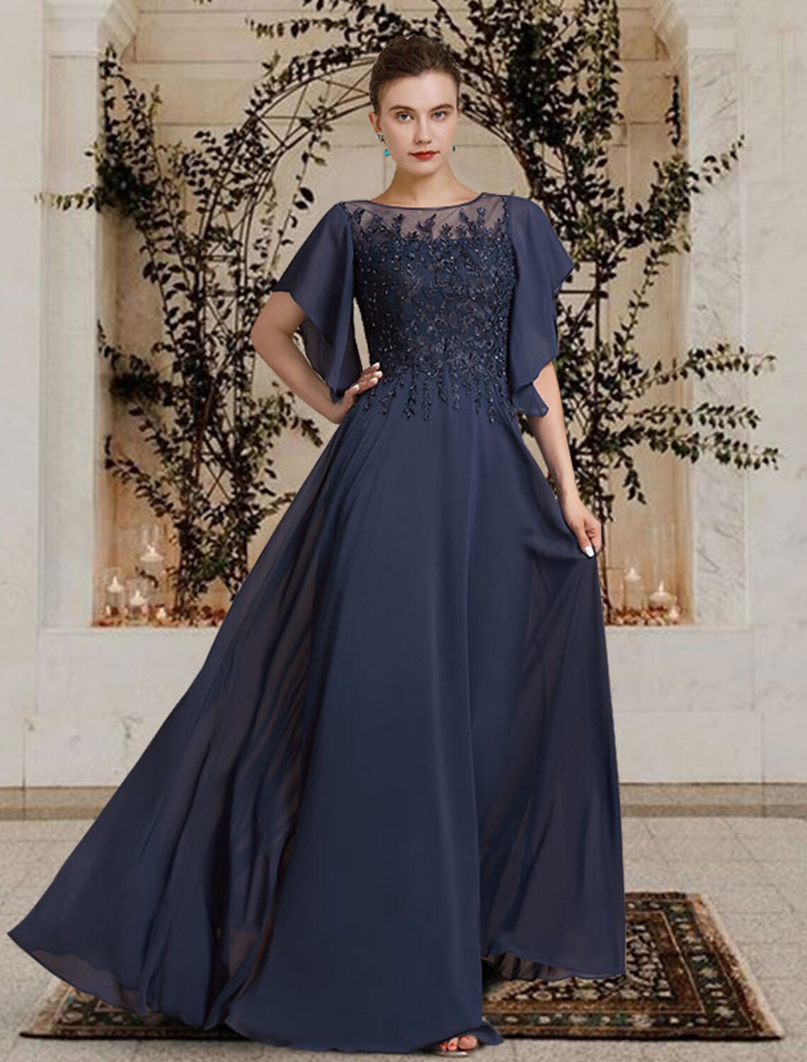 wholesale  A-Line Mother of the Bride Dress Elegant Jewel Neck Floor Length Chiffon Lace Short Sleeve with Beading Appliques