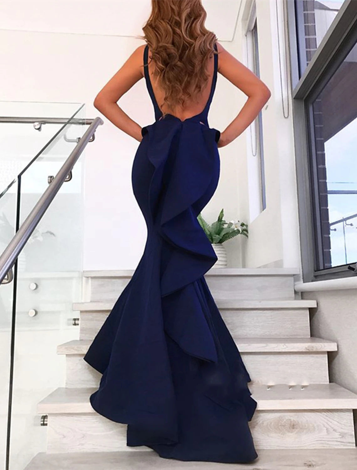 Wholesa  Mermaid / Trumpet Evening Gown Open Back Dress Formal Wedding Guest Court Train Sleeveless V Neck Stretch Fabric with Bow(s) Ruffles