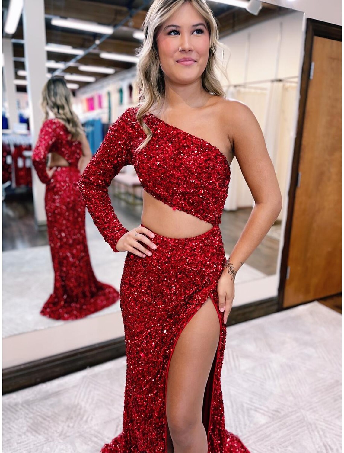 Wholesa Mermaid / Trumpet Prom Dresses Sparkle & Shine Dress Formal Wedding Party Court Train Long Sleeve One Shoulder Sequined Backless with Sequin Slit