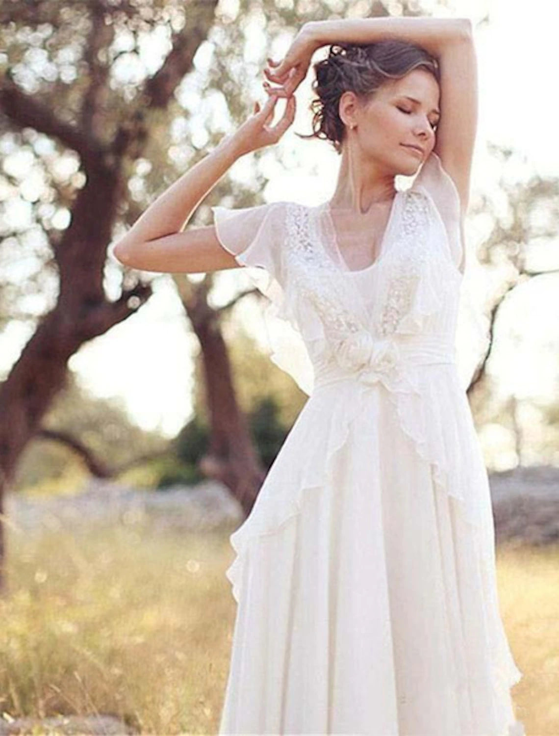 wholesale  Beach Boho Wedding Dresses A-Line V Neck Short Sleeve Floor Length Chiffon Bridal Gowns With Beading Appliques