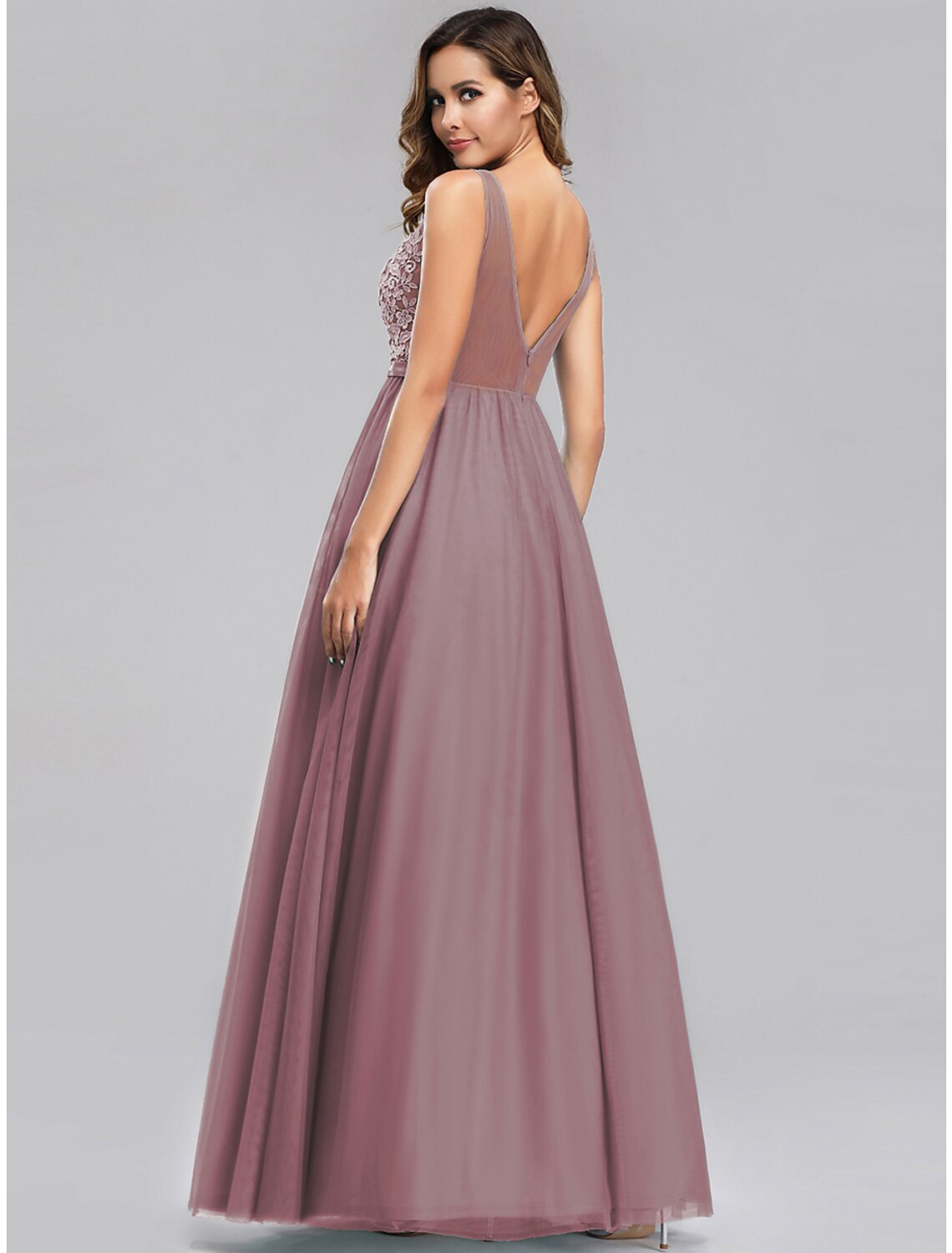 Wholesa A-Line Empire Holiday Prom Dress V Neck V Back Sleeveless Floor Length Chiffon with Appliques