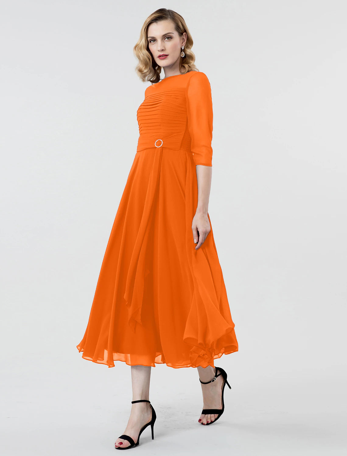 Wholesa A-Line Elegant Formal Evening Wedding Party Dress Boat Neck 3/4 Length Sleeve Tea Length Georgette with Ruched Crystal Brooch / Illusion Sleeve