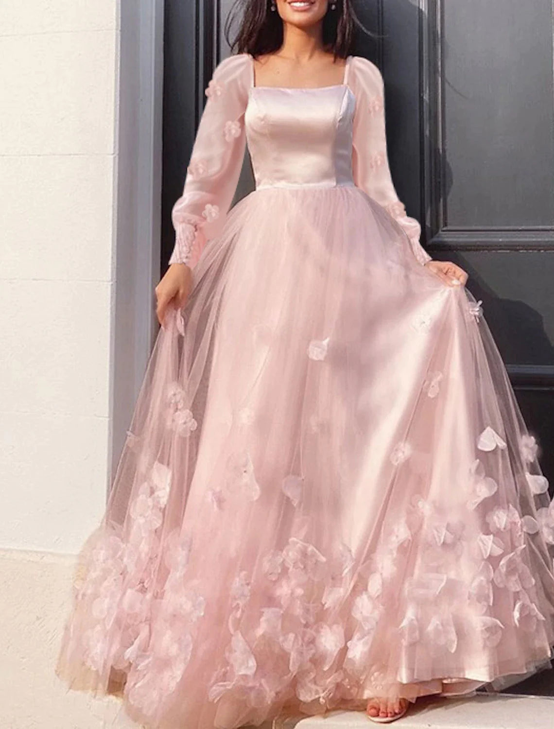 Wholesa A-Line Prom Dresses Maxi Dress Sweet 16 Birthday Floor Length Long Sleeve Scoop Neck Tulle with Appliques Butterfly