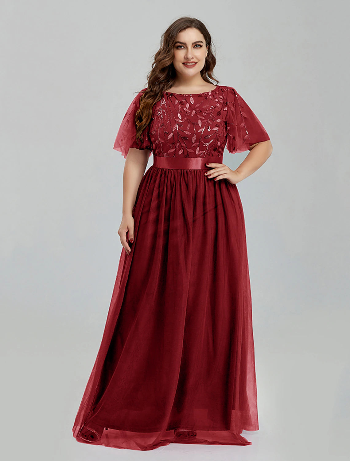 wholesa A-Line Prom Dresses Floral Dress Party Wear Quinceanera Floor Length Short Sleeve Jewel Neck Bridesmaid Dress Tulle with Embroidery Splicing