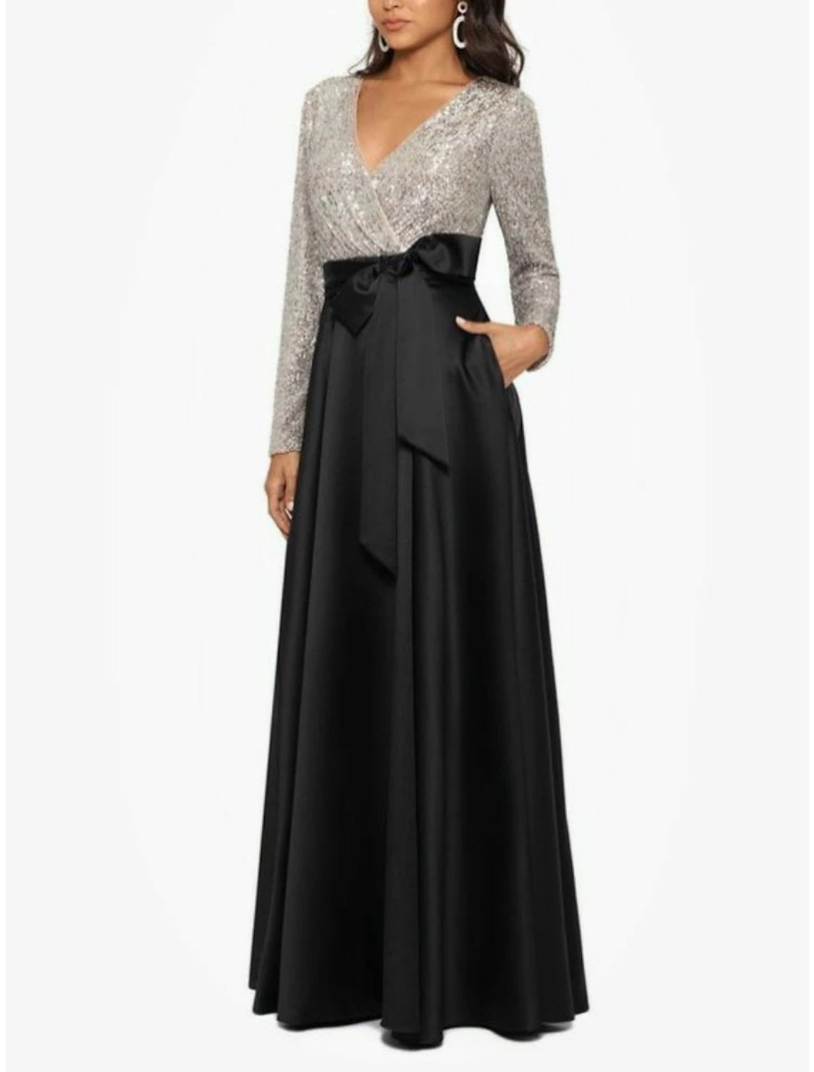 Wholesa Sheath / Column Mother of the Bride Dress Wedding Guest Party Sparkle & Shine V Neck Floor Length Satin Sequined Long Sleeve with Bow(s) Pleats