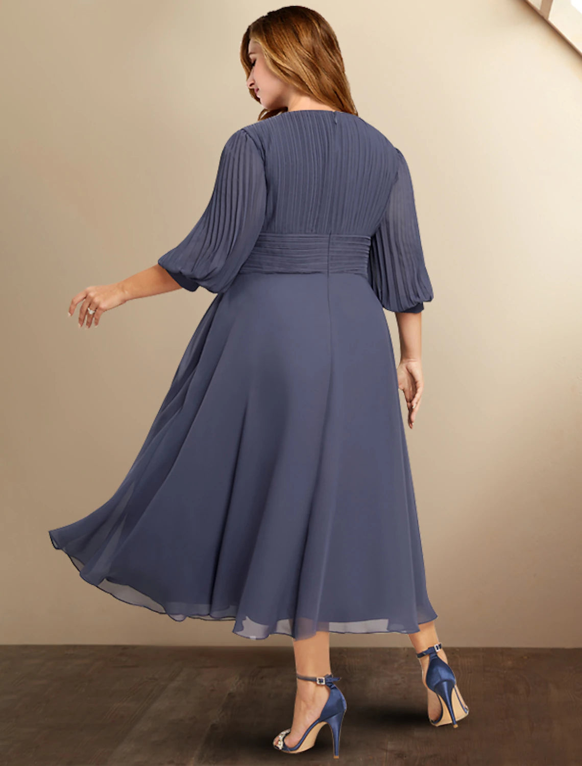 wholesale  A-Line Mother of the Bride Dresses Plus Size Hide Belly Curve Elegant Dress Formal Tea Length Half Sleeve V Neck Chiffon with Pleats Ruched Fall