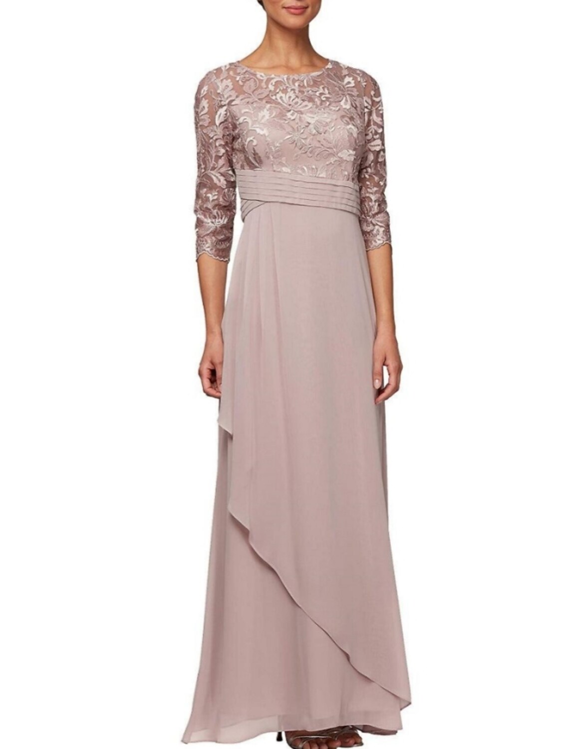 Wholesa  Sheath / Column Mother of the Bride Dress Wedding Guest Elegant Scoop Neck Ankle Length Chiffon Lace Half Sleeve with Ruching Solid Color