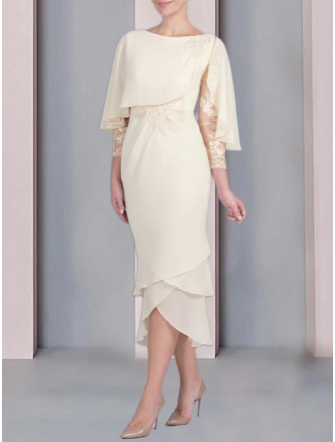 Wholesa Sheath / Column Mother of the Bride Dress Wedding Guest Elegant Petite Scoop Neck Tea Length Chiffon 3/4 Length Sleeve with Lace Tier Appliques