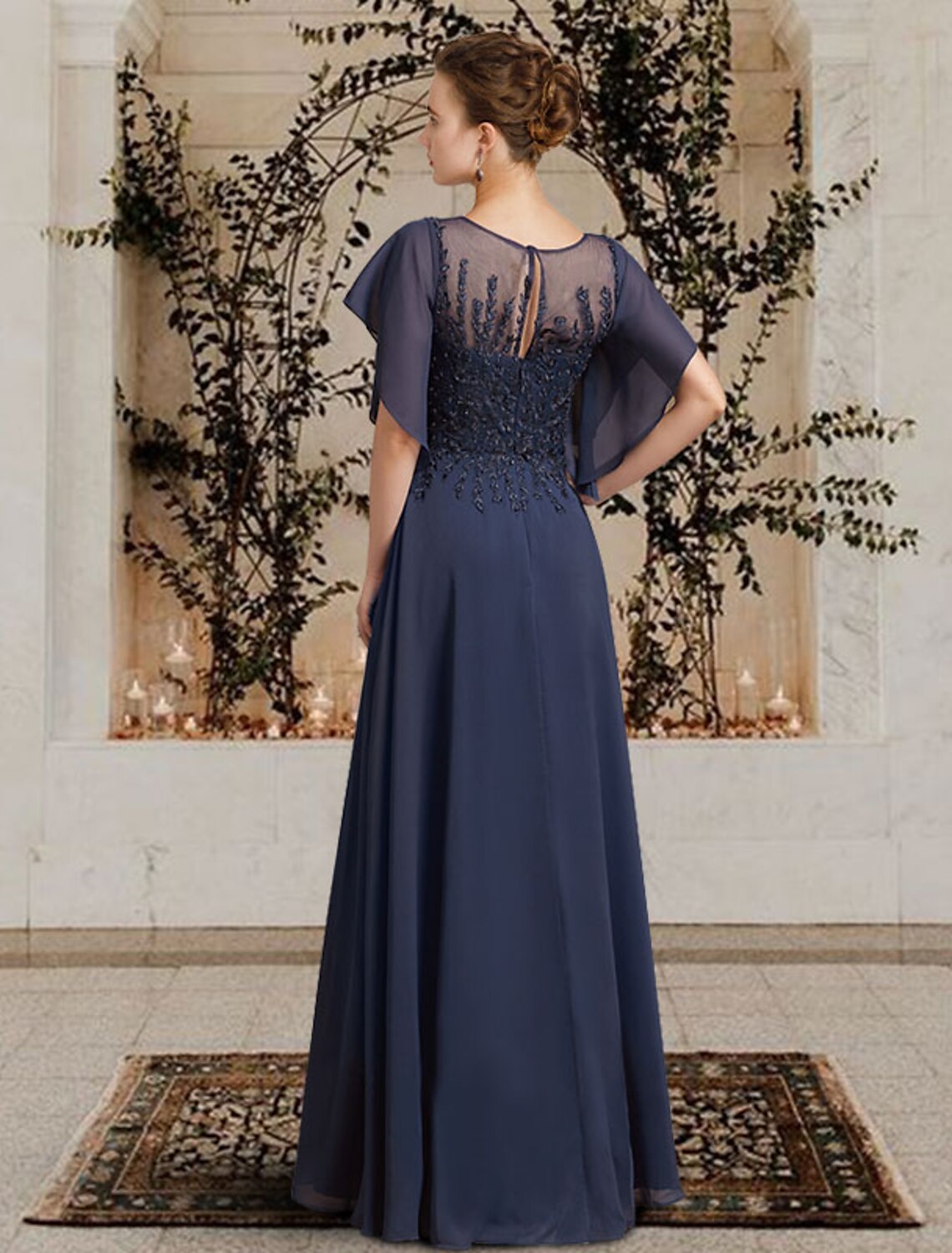 wholesale  A-Line Mother of the Bride Dress Elegant Jewel Neck Floor Length Chiffon Lace Short Sleeve with Beading Appliques