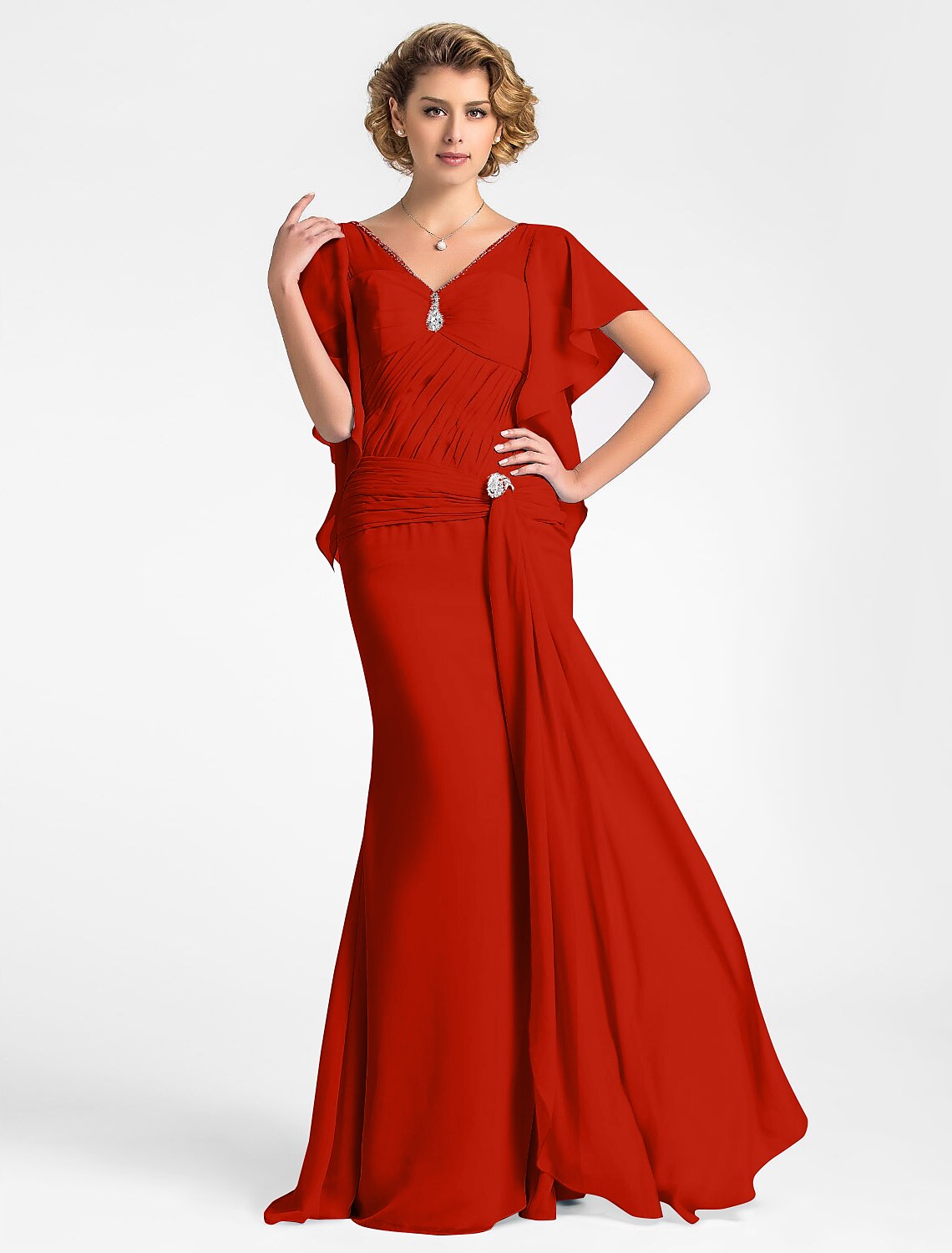 wholesale Mermaid / Trumpet Mother of the Bride Dress Vintage Inspired V Neck Floor Length Chiffon Short Sleeve with Beading Side Draping Crystal Brooch