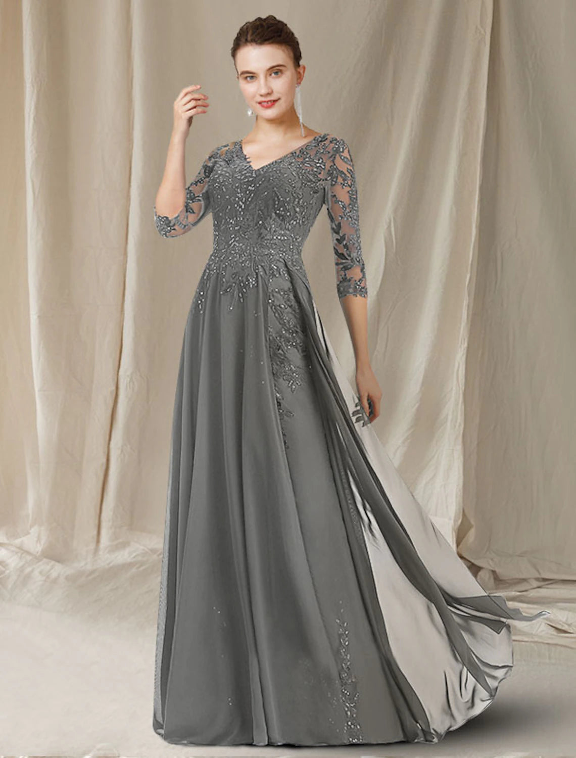 wholesale  A-Line Mother of the Bride Dress Elegant V Neck Floor Length Chiffon Lace Sequined Half Sleeve with Sequin Appliques