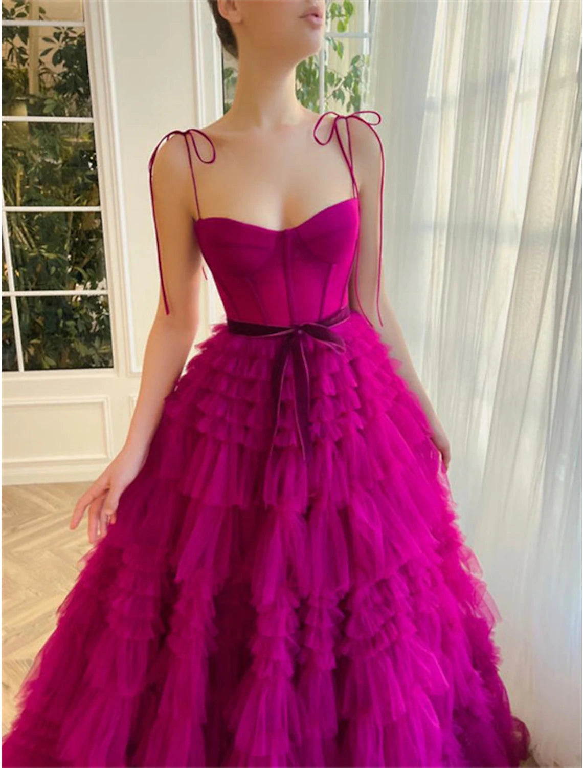 Wholesa  Ball Gown Evening Gown Puffy Dress Wedding Party Birthday Floor Length Sleeveless Spaghetti Strap Tulle with Ruffles Strappy
