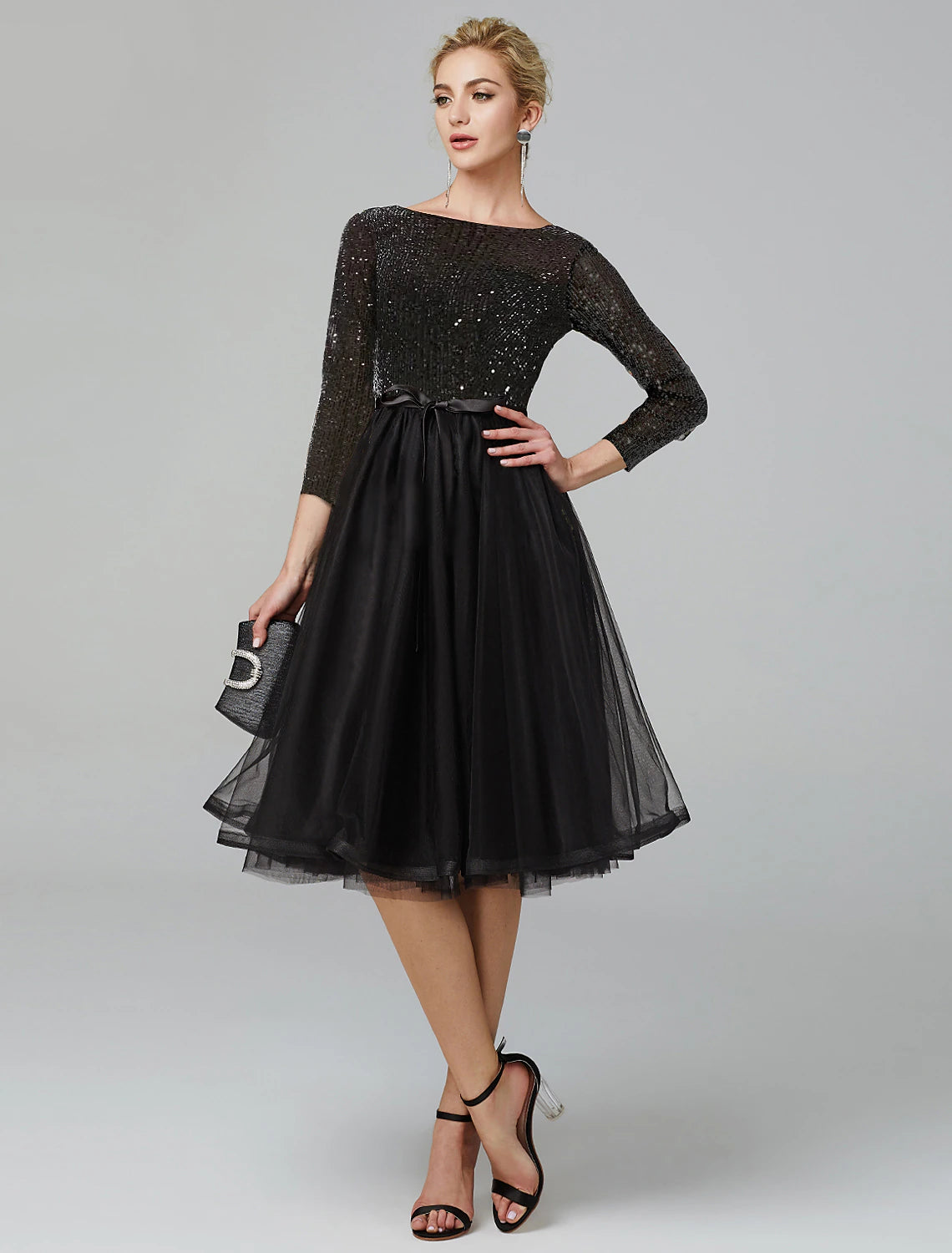 Wholesa  A-Line Cocktail Dresses Sparkle & Shine Dress Formal Wedding Guest Tea Length 3/4 Length Sleeve Jewel Neck Fall Wedding Guest Tulle with Sequin Strappy