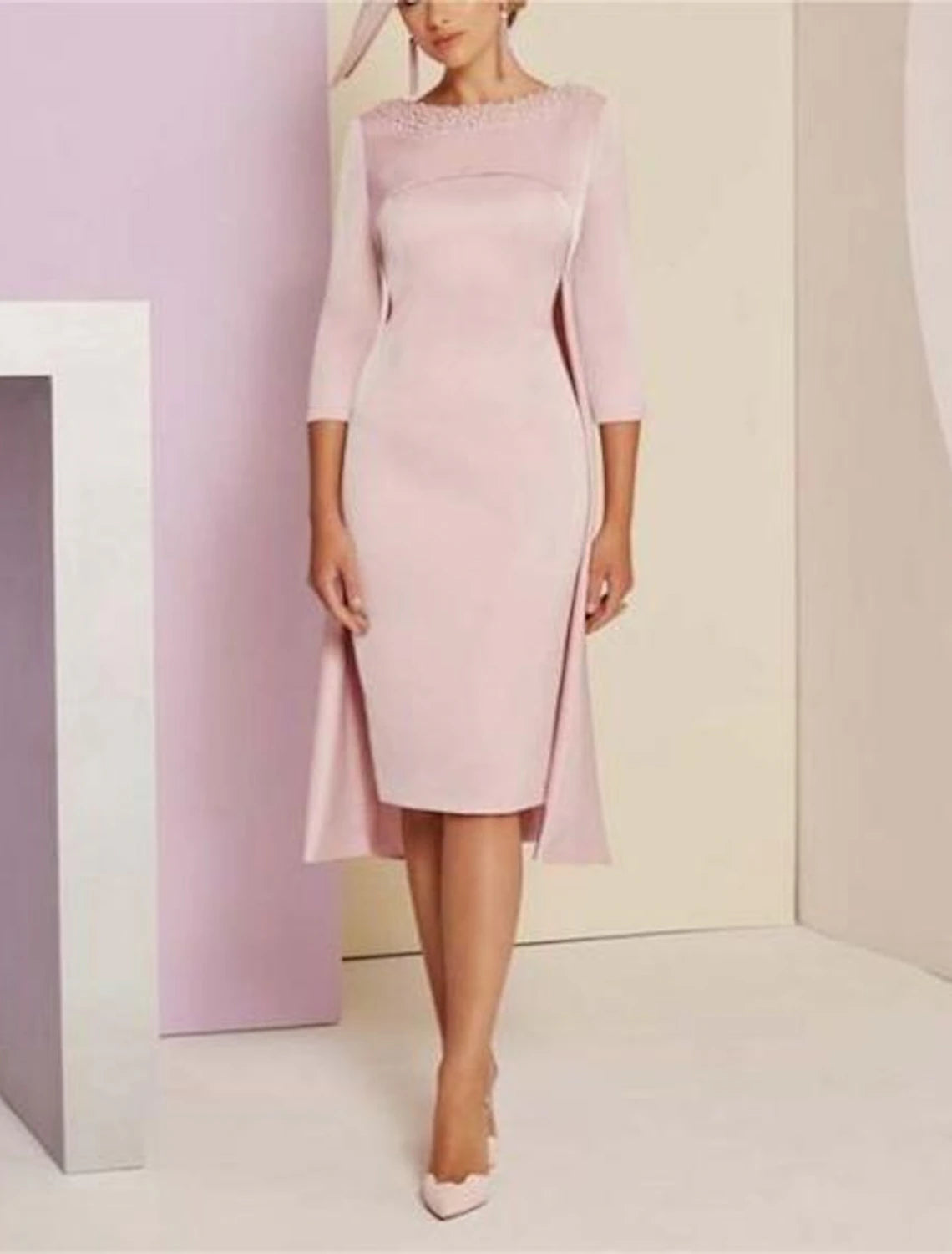 Wholesa Two Piece Sheath / Column Mother of the Bride Dress Kentucky Derby Dresses Formal Wedding Guest Elegant Jewel Neck Knee Length Sequined Italy Satin 3/4 Length Sleeve with Crystals Beading