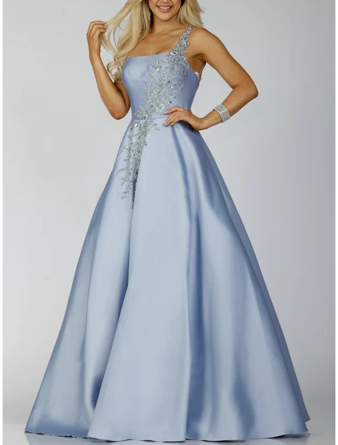 Wholesa  A-Line Prom Dresses Sparkle Dress Formal Prom Floor Length Sleeveless One Shoulder Satin Backless with Glitter Sequin