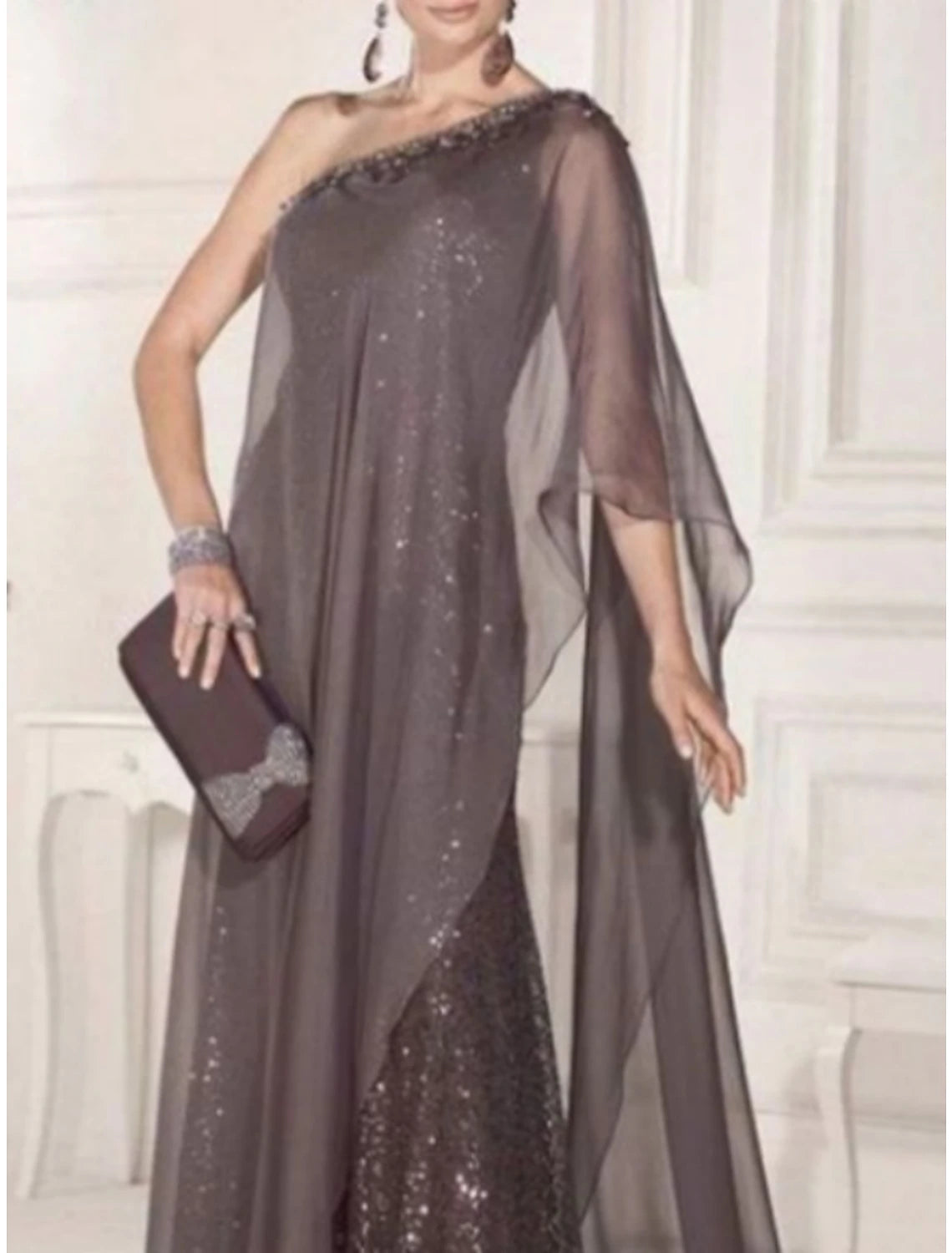 Wholesa Sheath Mother of the Bride Dress Cape Dress Wedding Guest Elegant Party Sparkle & Shine One Shoulder Sweep / Brush Train Chiffon Lace Sleeveless with Pleats Sequin