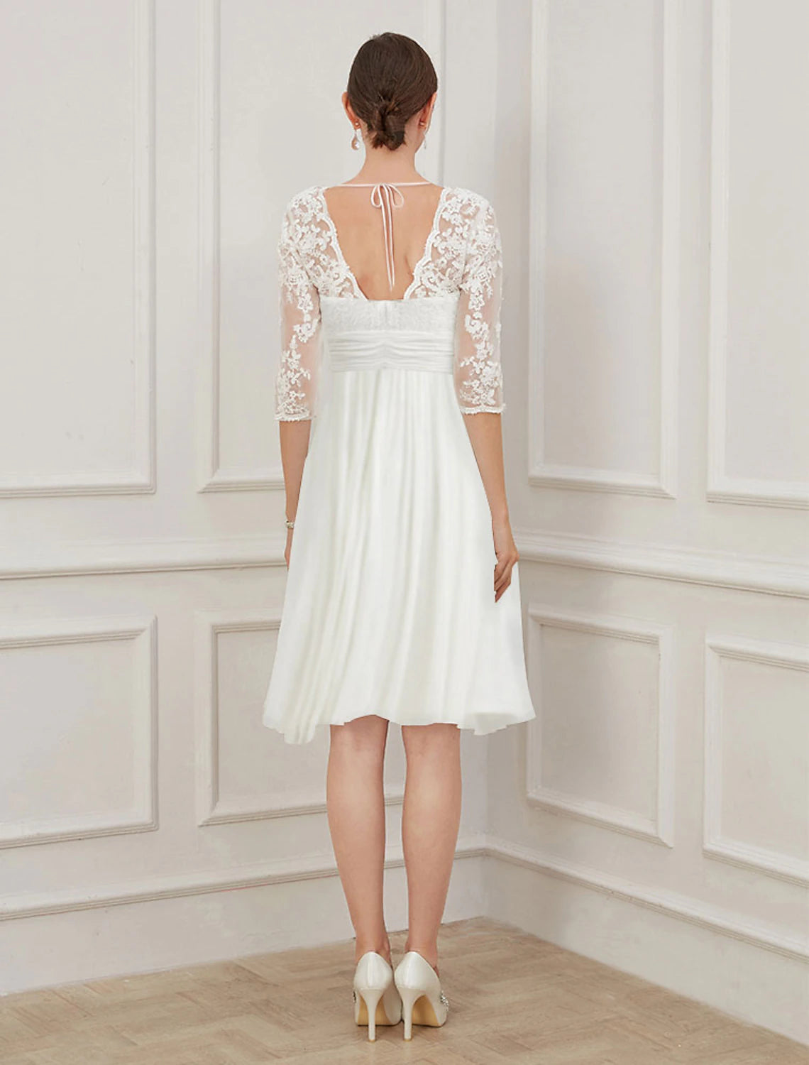 wholesale  Reception Little White Dresses Fall Wedding Dresses A-Line V Neck Half Sleeve Knee Length Chiffon Bridal Gowns With Draping Appliques