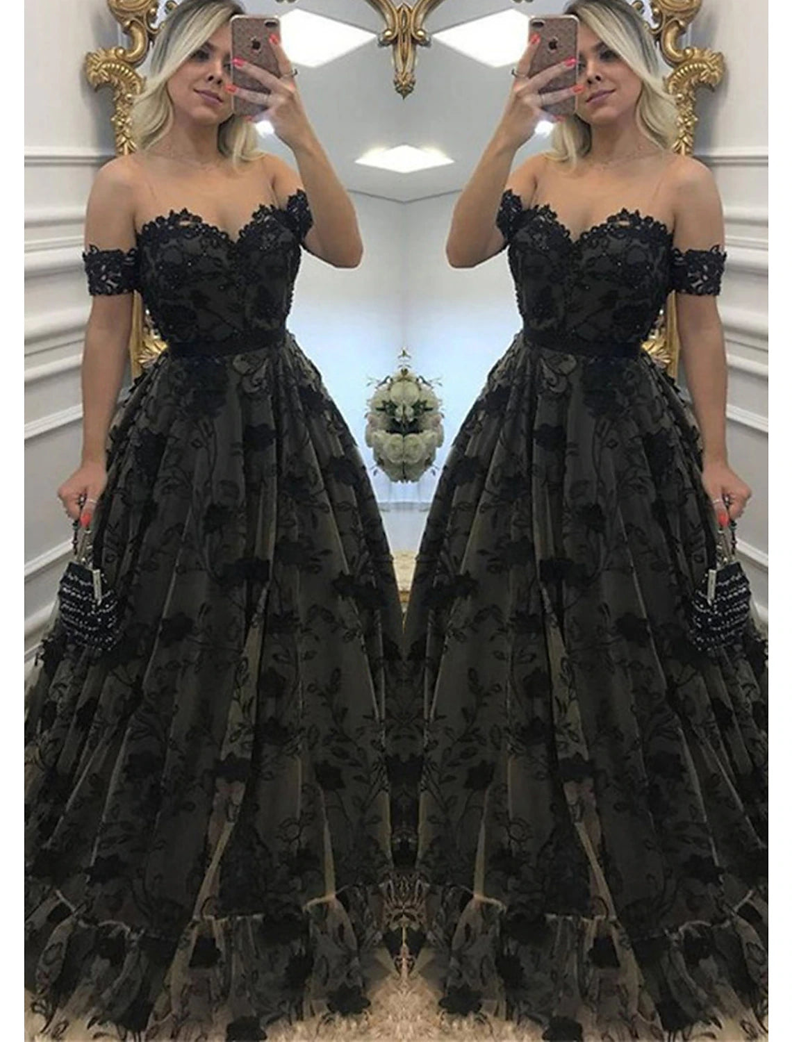 wholesale   Ball Gown A-Line Prom Dresses Color Block Dress Formal Prom Floor Length Sleeveless Sweetheart Wednesday Addams Family Lace Backless with Beading Appliques