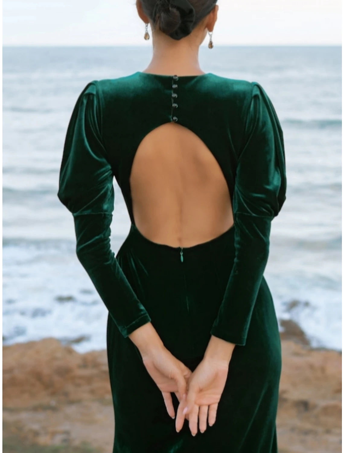 Wholesa A-Line Evening Gown Elegant Dress Formal Fall Floor Length Long Sleeve Jewel Neck Velvet with Ruched