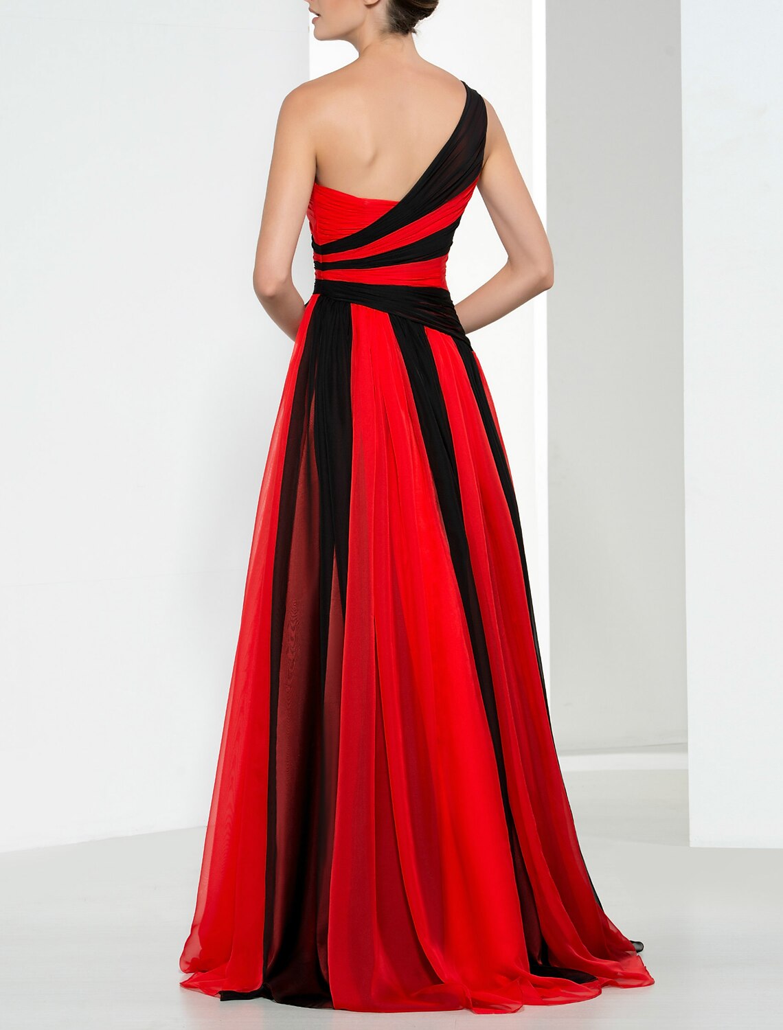 Wholesa Sheath / Column Color Block Sexy Wedding Guest Formal Evening Dress One Shoulder Sleeveless Floor Length Chiffon with Pleats
