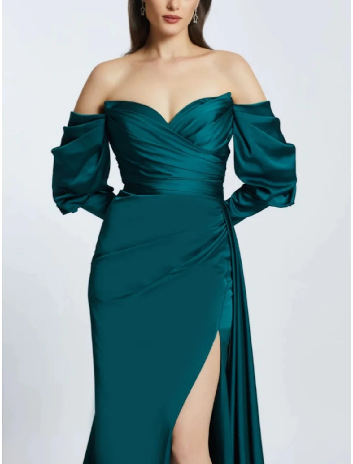 Wholesa A-Line Evening Gown High Split Dress Formal Sweep / Brush Train Long Sleeve Off Shoulder Satin with Pleats Ruched Slit