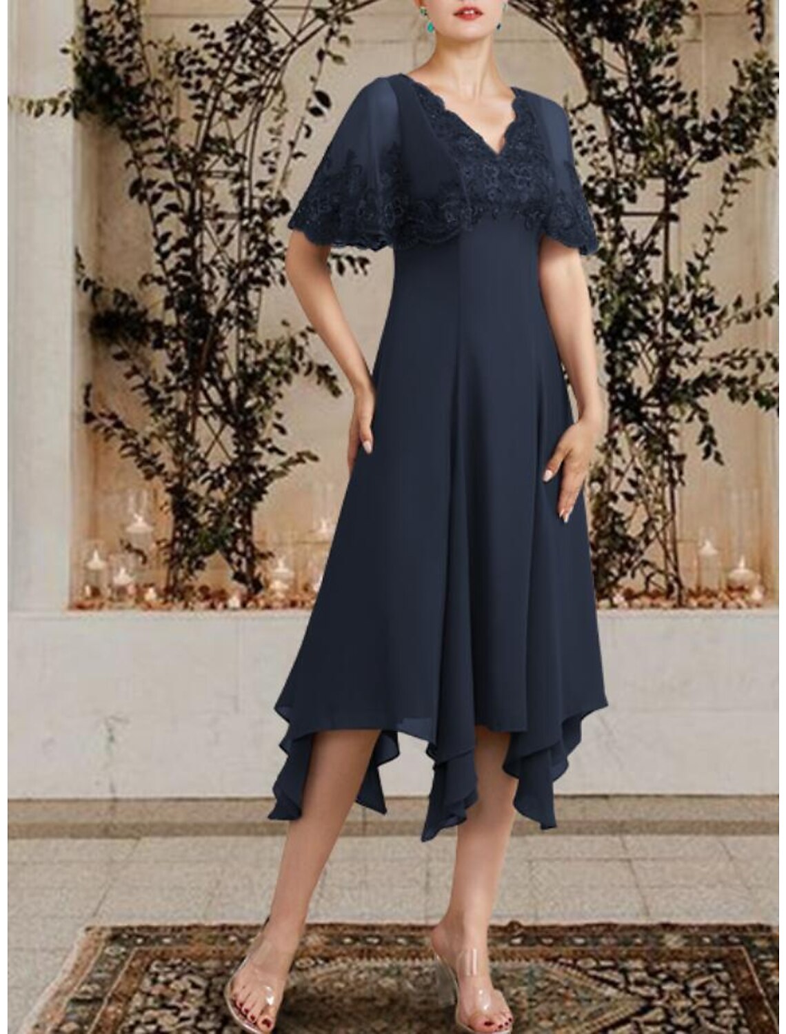 wholesale  A-Line Mother of the Bride Dress Plus Size Elegant High Low V Neck Asymmetrical Tea Length Chiffon Lace Sleeveless with Appliques